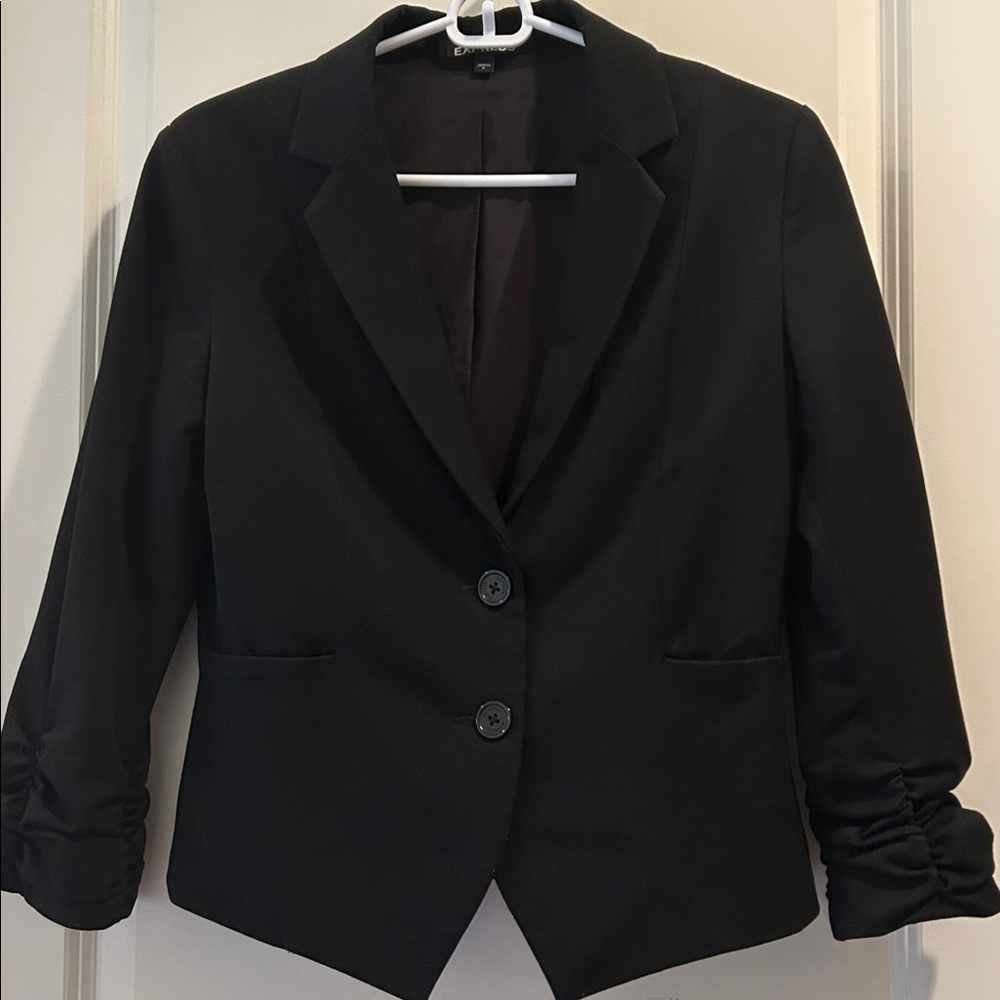 Express Ruched Sleeve Black Blazer pointed vest style front hem lined pockets 8